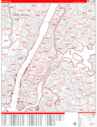 New York Wall Map Zip Code Red Line Style 2026